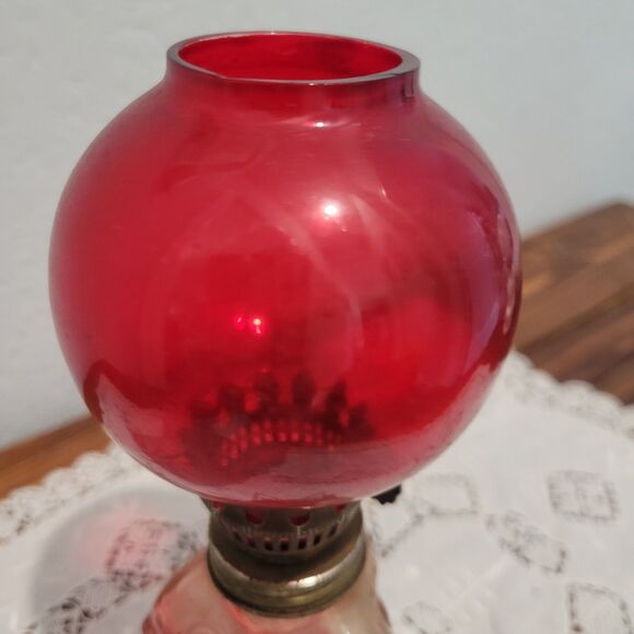 Vtg Mini Oil Lamp Cranberry glass globe with fish bottom RARE Flaw Old World - Picture 5 of 12
